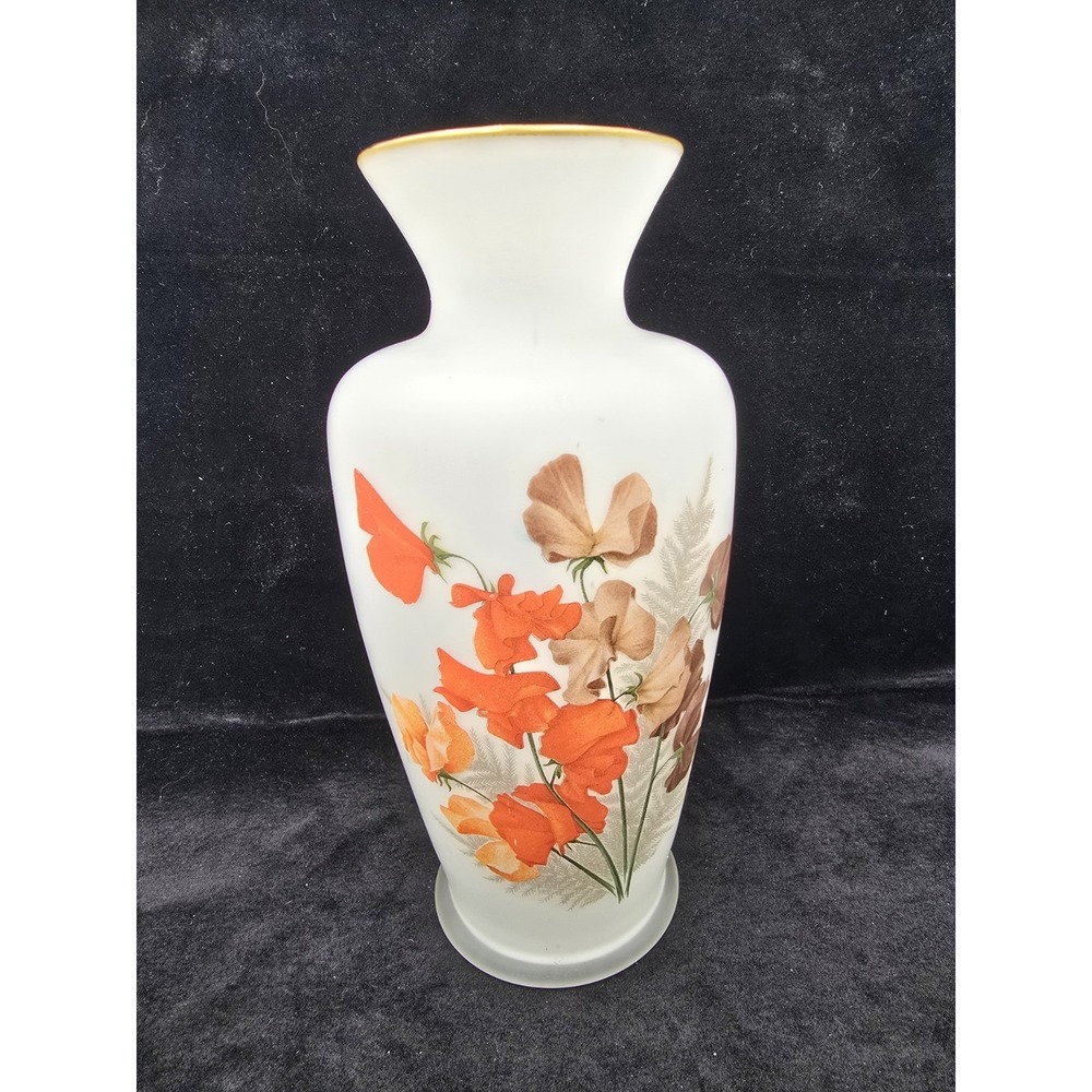 Bristol‎ White Satin Glass Bar Orange Flowers Gold Rim Vase